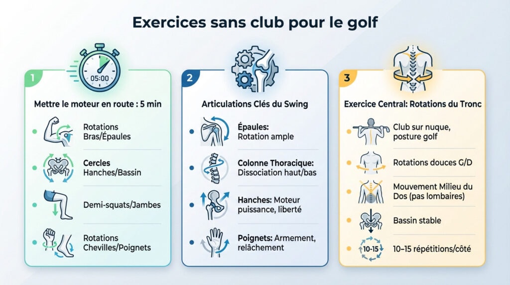 Golfeur effectuant un échauffement par rotation du tronc avec un club sur les épaules