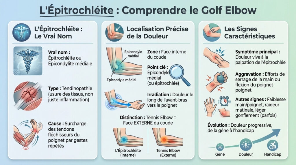 Schéma anatomique localisant l'épitrochléite ou golf elbow sur la face interne du coude
