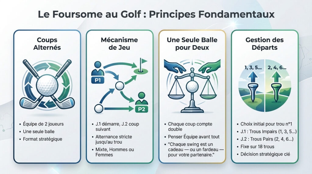 Schéma illustrant le principe des coups alternés et de la balle unique en foursome au golf