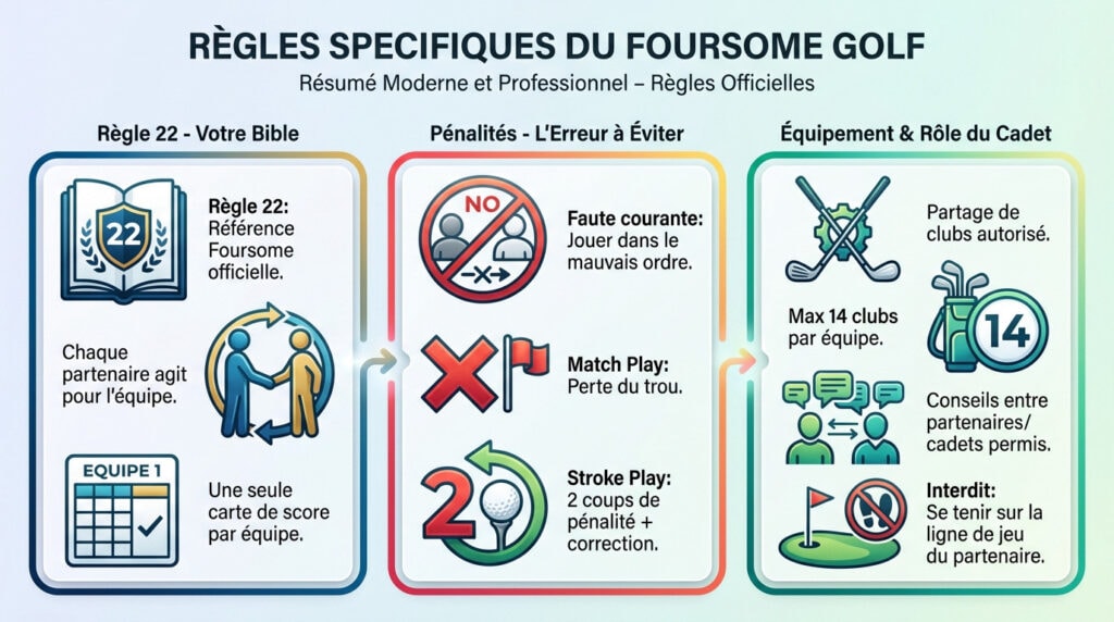 Infographie des règles spécifiques du foursome au golf et alternance des coups