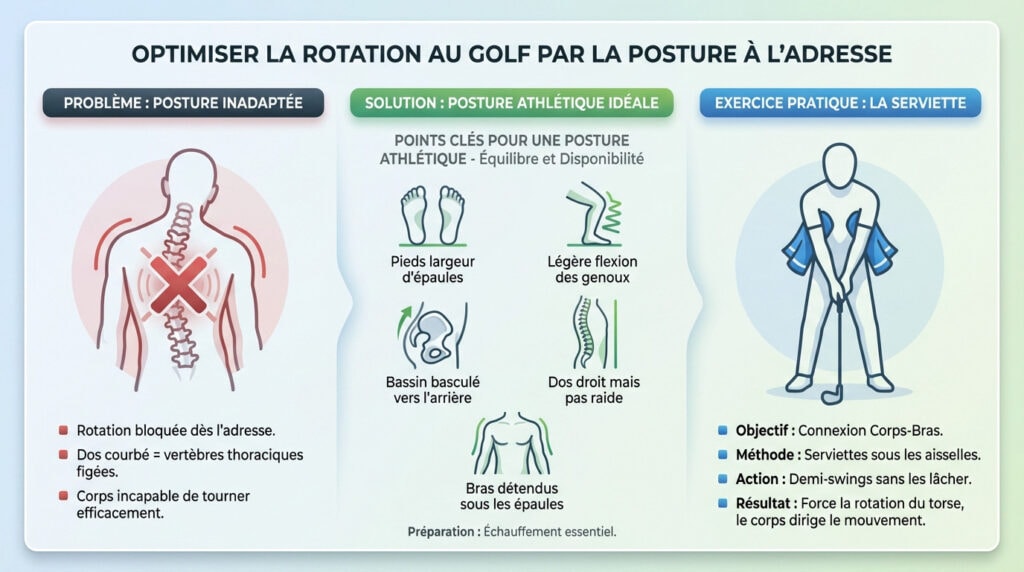 Golfeur en position d'adresse avec une posture athlétique favorisant la rotation du buste
