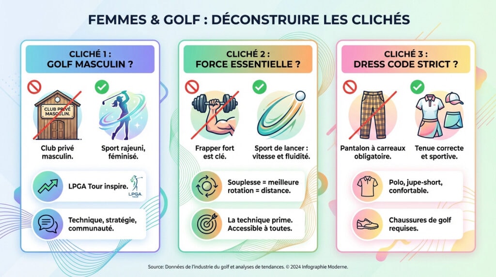 Groupe de femmes golfeuses modernes sur un parcours, brisant les stéréotypes du golf féminin