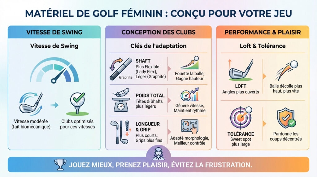 Infographie expliquant précisément le matériel de golf féminin adapté avec shafts en graphite et grips fins pour débutante