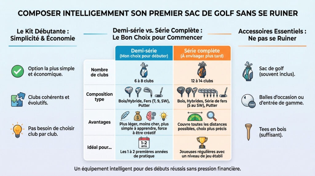 Infographie avec des exemples pour une golfeuse débutante afin de préparer son sac de golf avec une sélection de clubs adaptée