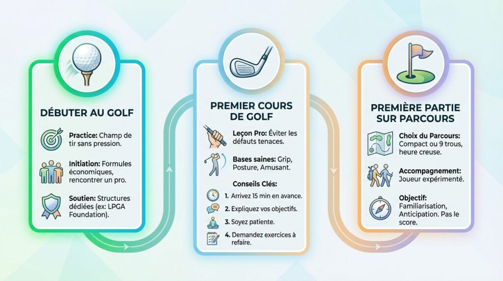 Femme sur un parcours de golf consultant une carte de score, illustrant la feuille de route pour débuter