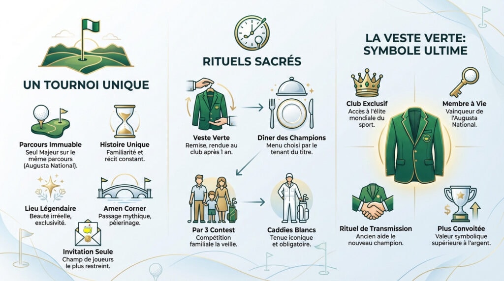 Infographie retraçant le parcours du vainqueur du Masters d'Augusta pour gagner la veste verte emblématique