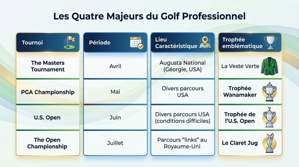 Les quatre trophées des tournois majeurs de golf alignés sur un green