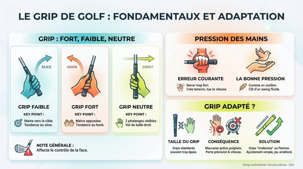 Illustration d'une golfeuse ajustant son grip sur le club pour éviter les erreurs golf femme courantes