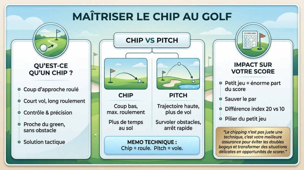 Golfeur réalisant un chip golf précis en bordure de green