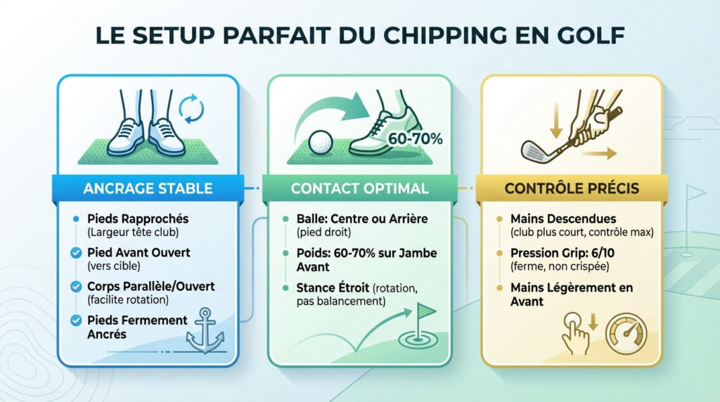Golfeur en position de setup pour un chip golf, pieds serrés et poids sur l'avant