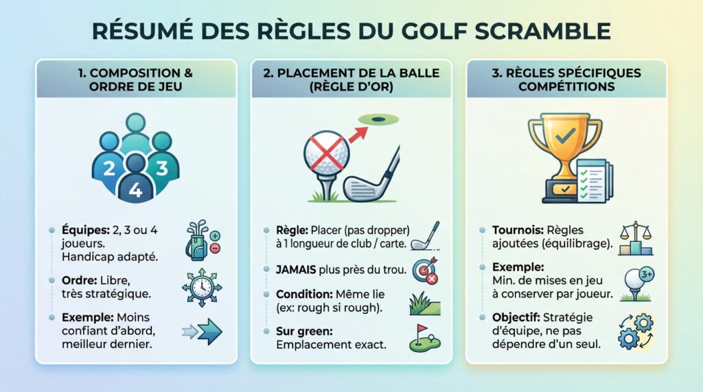Infographie résumant les règles essentielles et le placement de balle au golf en scramble