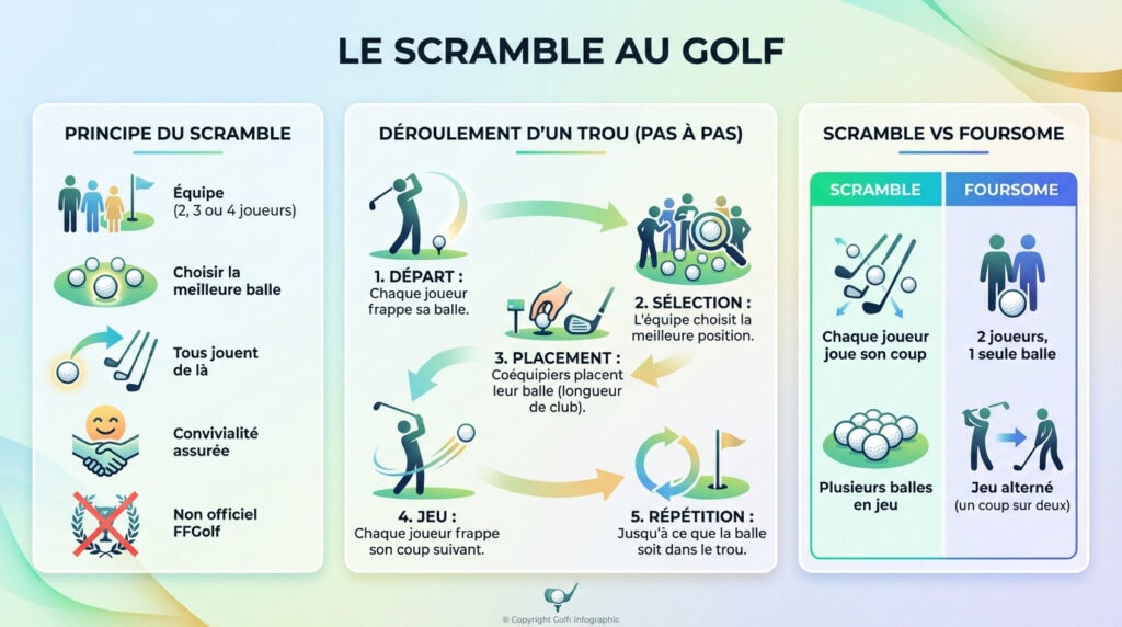 Équipe de golfeurs discutant de la stratégie sur le fairway lors d'une partie en scramble