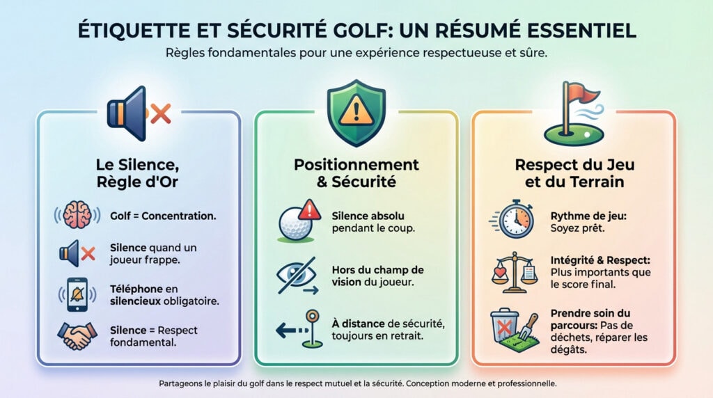 Infographie résumant les règles de sécurité et d'étiquette pour débuter au golf