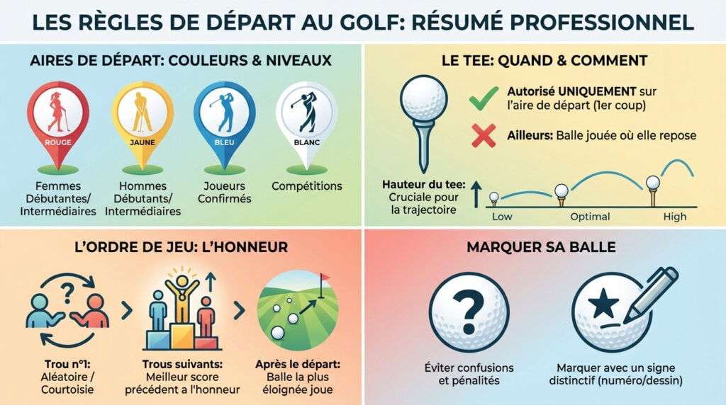 Illustration des règles de départ au golf : positionnement et boules de couleurs