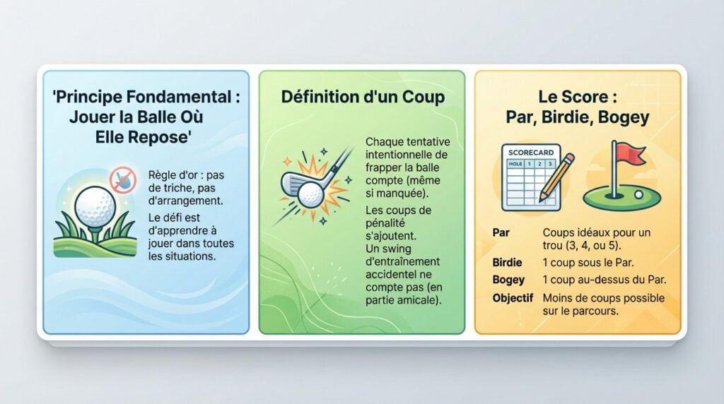 Infographie explicative sur les règles de base et le score au golf pour débutants