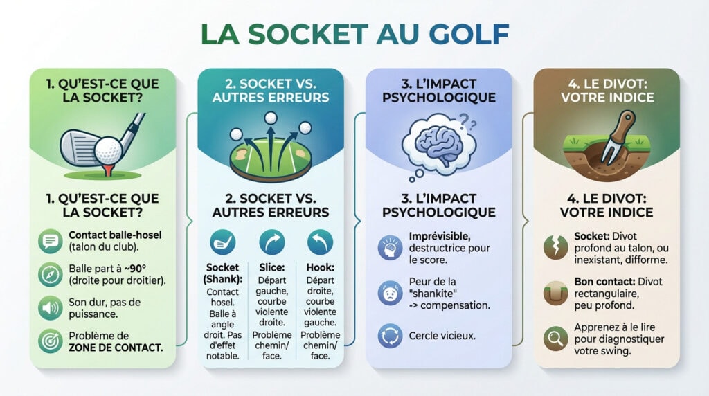 Illustration des zones de contact sur un club de golf montrant la différence entre socket et frappe centrée