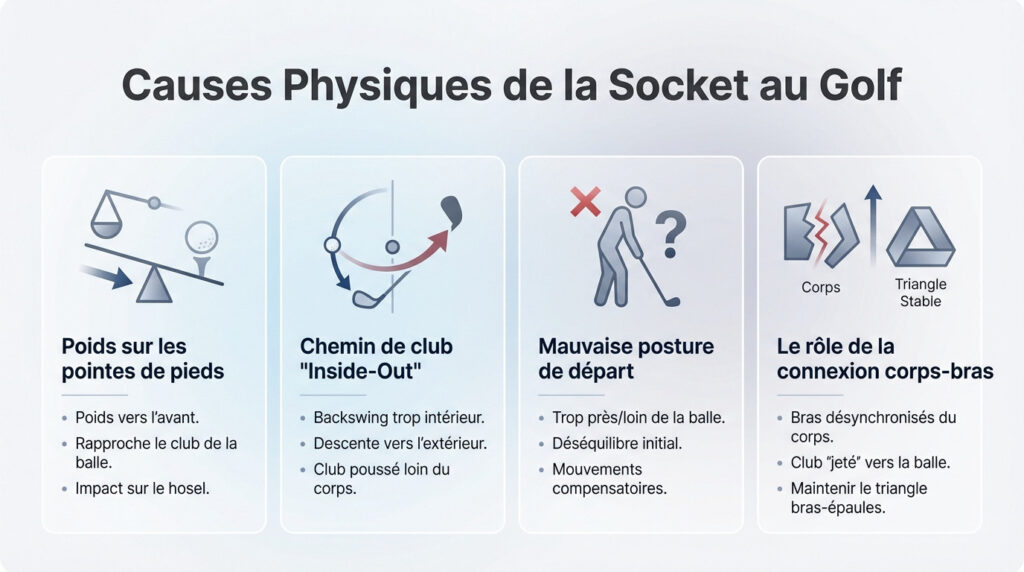 Infographie représentant un golfeur analysant son mouvement pour comprendre les causes physiques de la socket