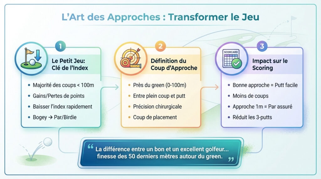 Golfeur exécutant un coup d'approche précis vers le green