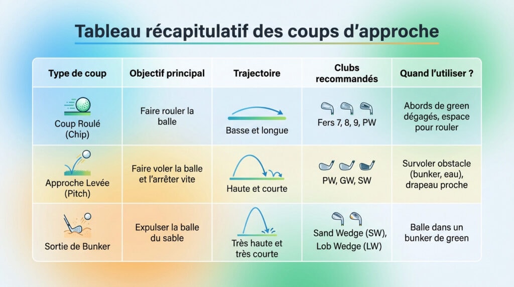 Tableau récapitulatif des différents coups d'approche au golf et comment les aborder : chip, pitch et sortie de bunker