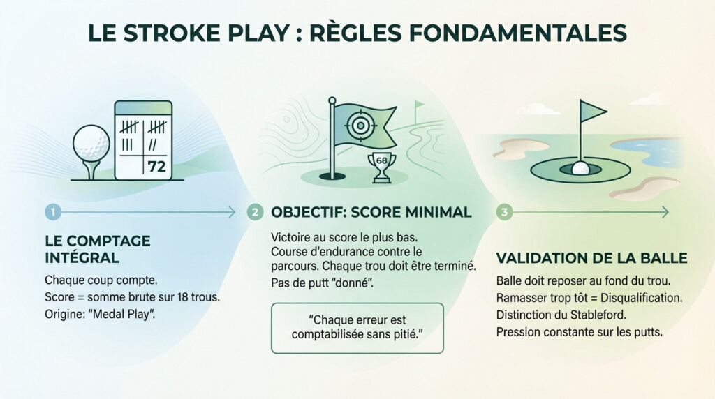 Infographie complète expliquant avec précision les règles fondamentales du stroke play au golf