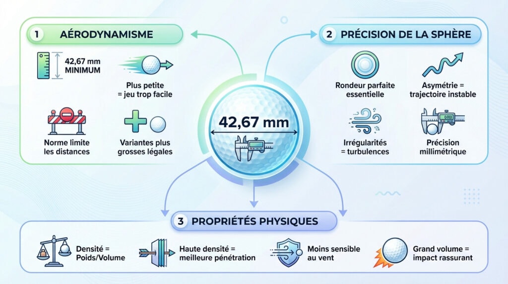 Infographie de l'anatomie d'une balle de golf détaillant les alvéoles et la structure interne pour l'aérodynamisme