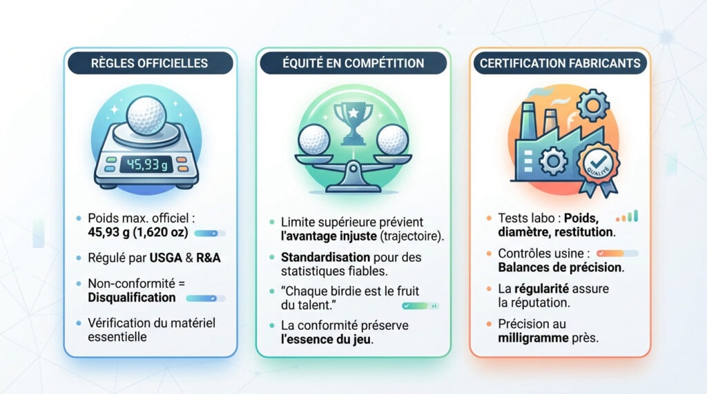 Infographie détaillée expliquant le poids et la certification des balles de golf USGA et R&A