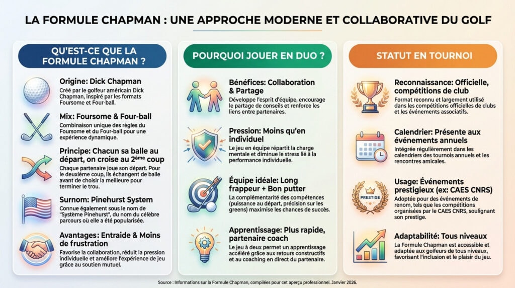 Infographie expliquant en détail pour deux golfeurs en équipe sur un green pratiquant la formule Chapman