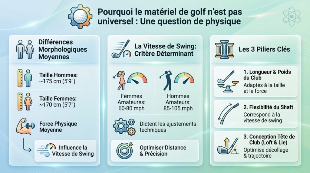 Comparaison technique entre un club de golf femme et homme mettant en avant la longueur et le loft