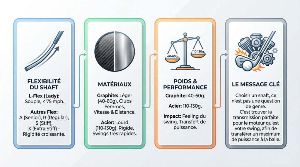 Schéma explicatif des différents types de shafts de golf et leur flexibilité comme club de golf femme