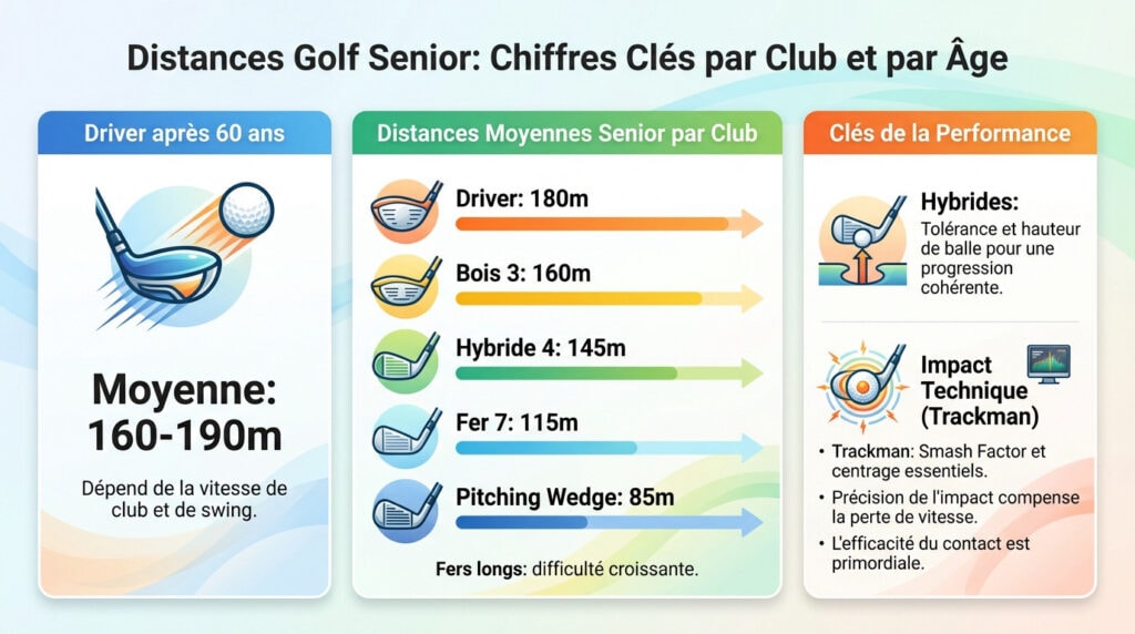 Graphique illustrant l'évolution de la distance au golf pour les seniors par tranche d'âge et par club