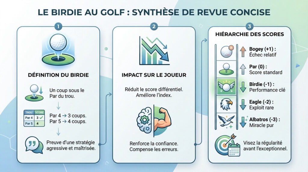 Schéma explicatif du birdie au golf montrant le score de -1 par rapport au Par pour faire un birdie au golf