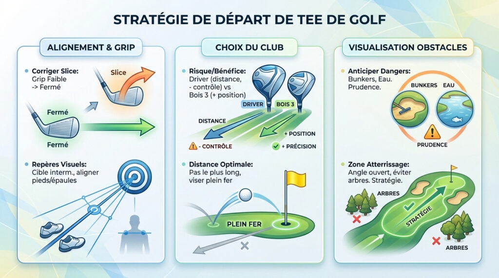 Golfeur préparant sa stratégie de départ sur le tee pour réussir à faire un birdie au golf