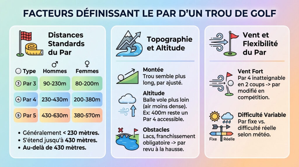 Schéma illustrant les facteurs de distance et de topographie influençant le par d'un trou de golf