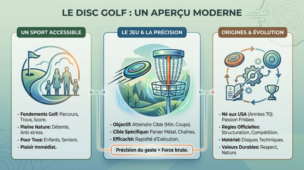 Schéma explicatif pour un joueur de disc golf afin de préparer un lancer précis vers le panier métallique
