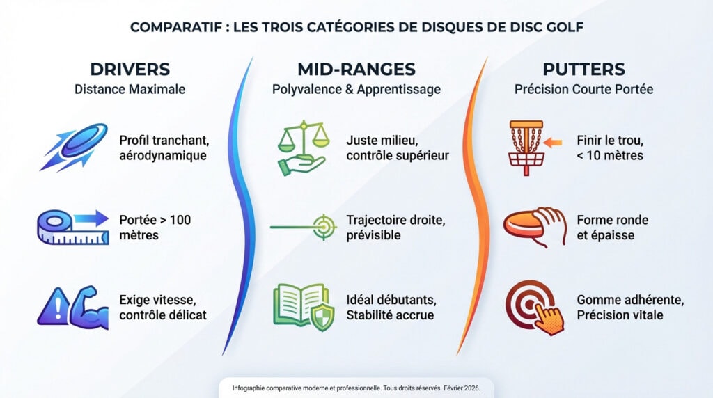 Comparatif visuel des trois types de disques de disc golf : driver, mid-range et putter