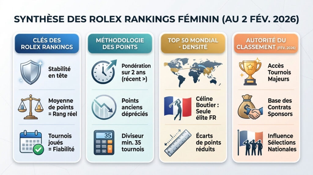 Synthèse du classement mondial Rolex Rankings féminin au 2 février 2026 avec le top 3 et les mouvements clés