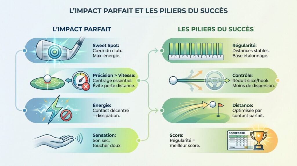 Schéma illustrant l'impact parfait au golf et la compression de la balle pour un meilleur contact balle de golf