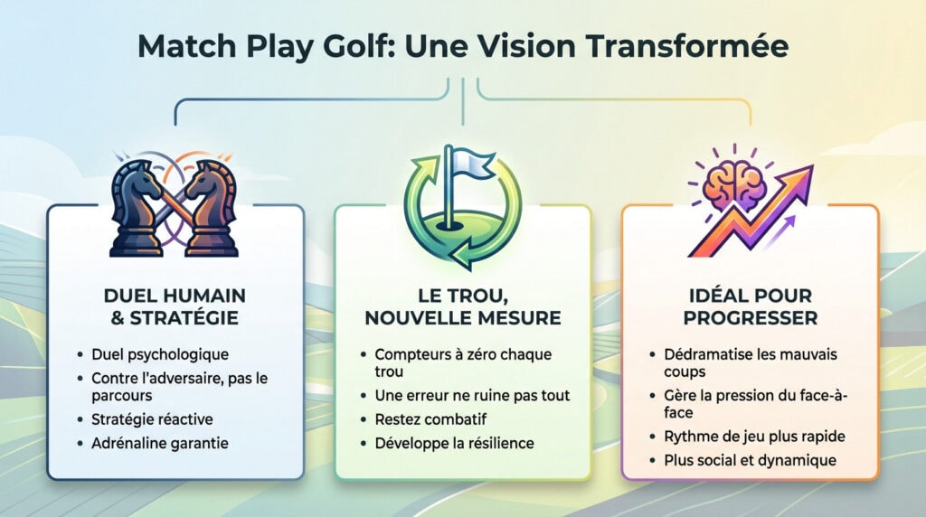 Golfeur analysant sa stratégie de match play golf sur le green face à son adversaire