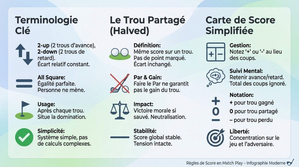 Infographie explicative des règles de score et notation au golf en match play