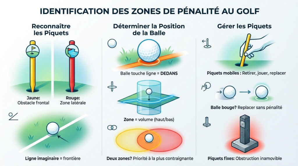 Infographie précise de l'identification des piquets rouges et jaunes délimitant les zones à pénalité sur un parcours de golf