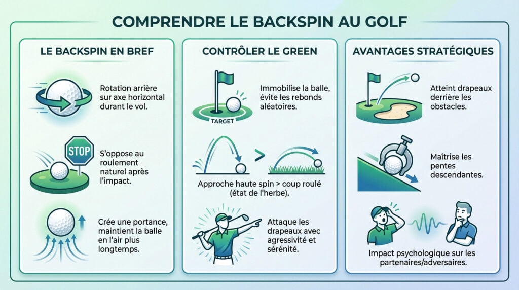 Schéma illustrant la mécanique du backspin au golf lors de l'impact