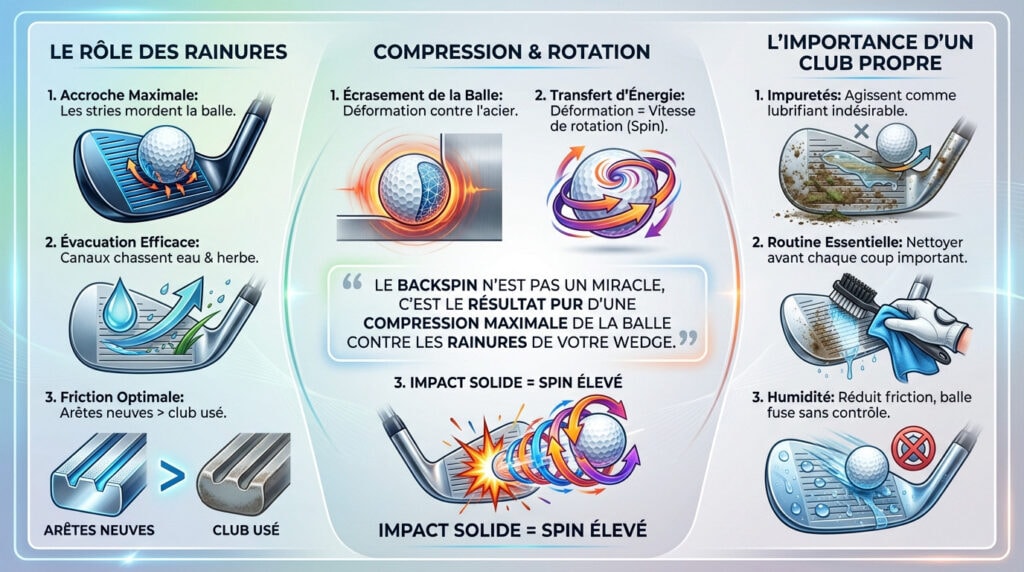 Infographie expliquant en détail l'impact balle de golf sur face de club montrant la compression et les rainures pour le backspin