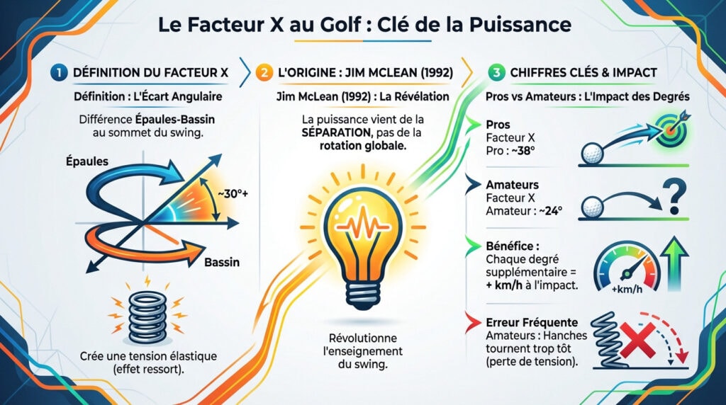 Golfeur démontrant le X Factor golf avec une rotation des épaules marquée par rapport aux hanches