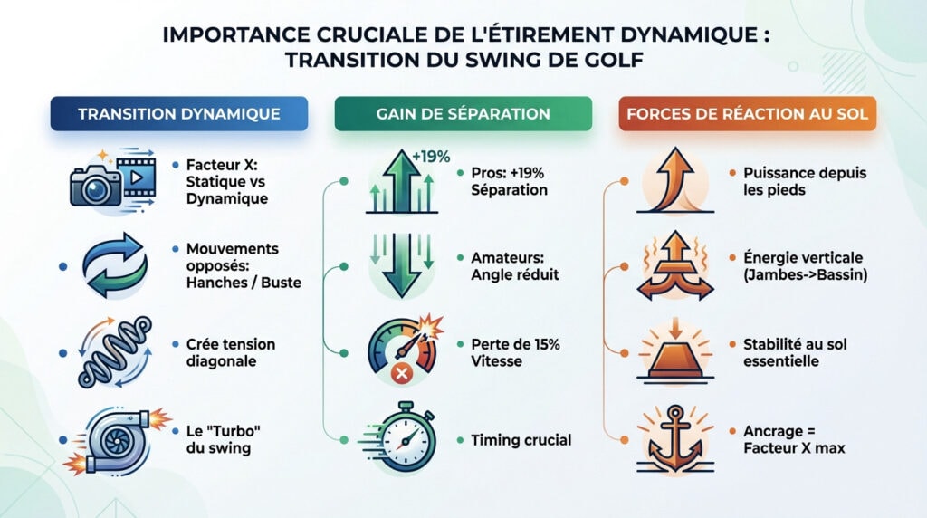 Infographie avec illustration de l'étirement dynamique et de la dissociation hanches-épaules pour atteindre le X Factor au golf