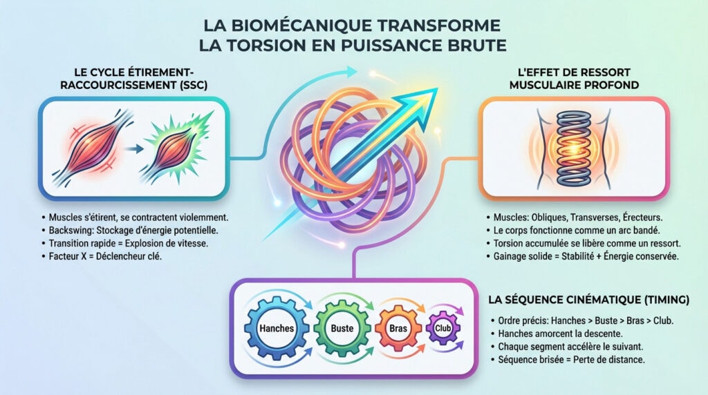 Schéma pour démontrer à un golfeur la torsion biomécanique du buste pour générer de la puissance au swing