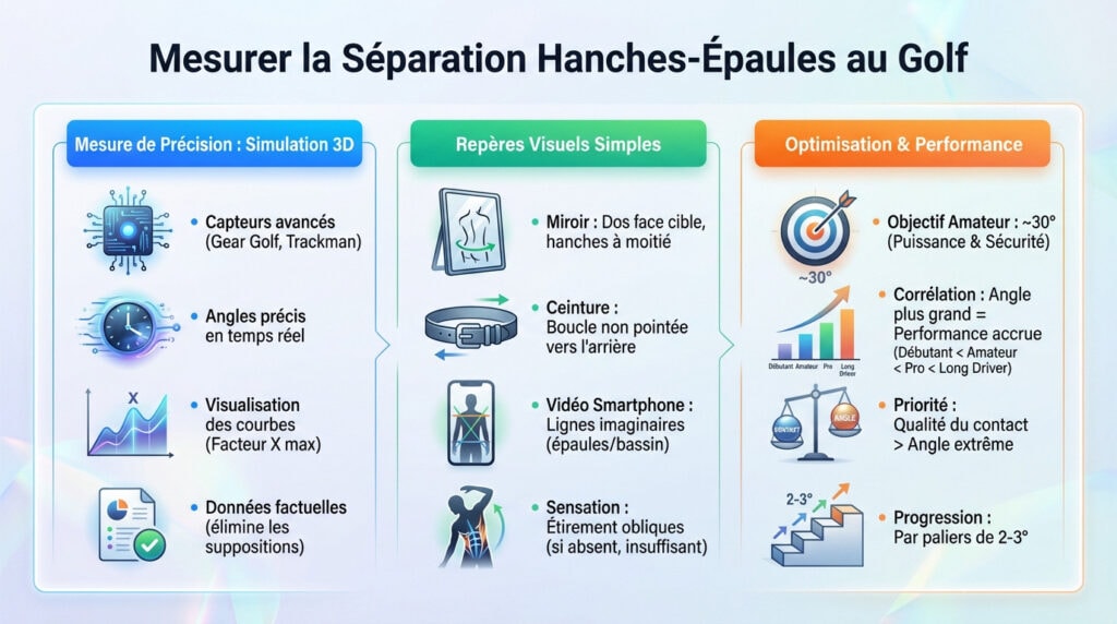 Schéma détaillé expliquant la mesure de la séparation hanches-épaules pour le X Factor golf