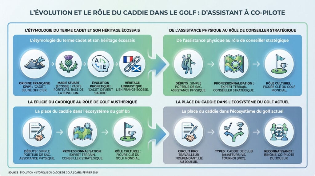 Schéma explicatif de l'évolution du rôle du caddie au golf : du porteur de sac au conseiller stratégique