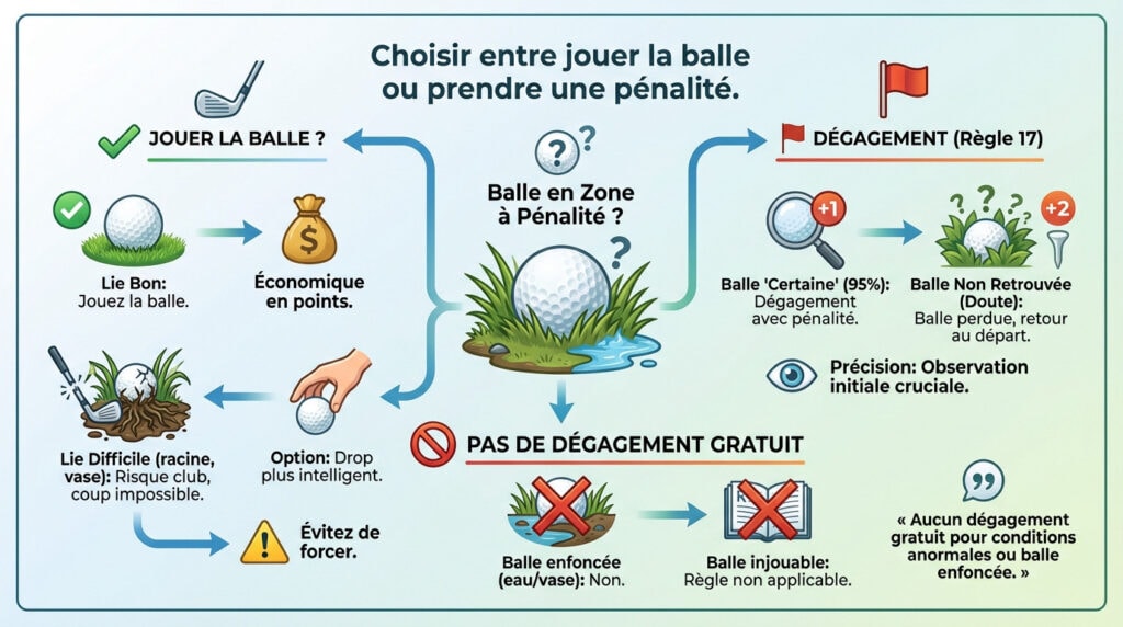 Schéma précis pour un golfeur afin d'évaluer s'il doit jouer sa balle dans une zone à pénalité ou prendre un drop