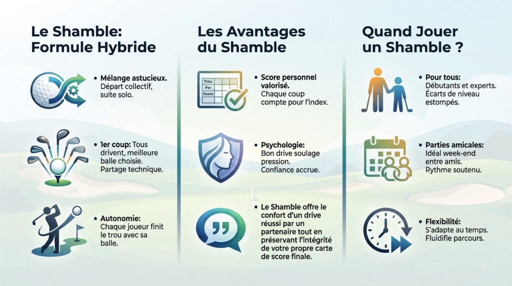 Golfeurs sur le green discutant de la stratégie de jeu en formule Shamble golf