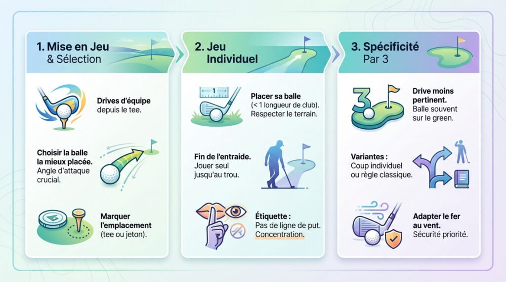 Schéma explicatif des étapes d'un trou de golf en format Shamble golf